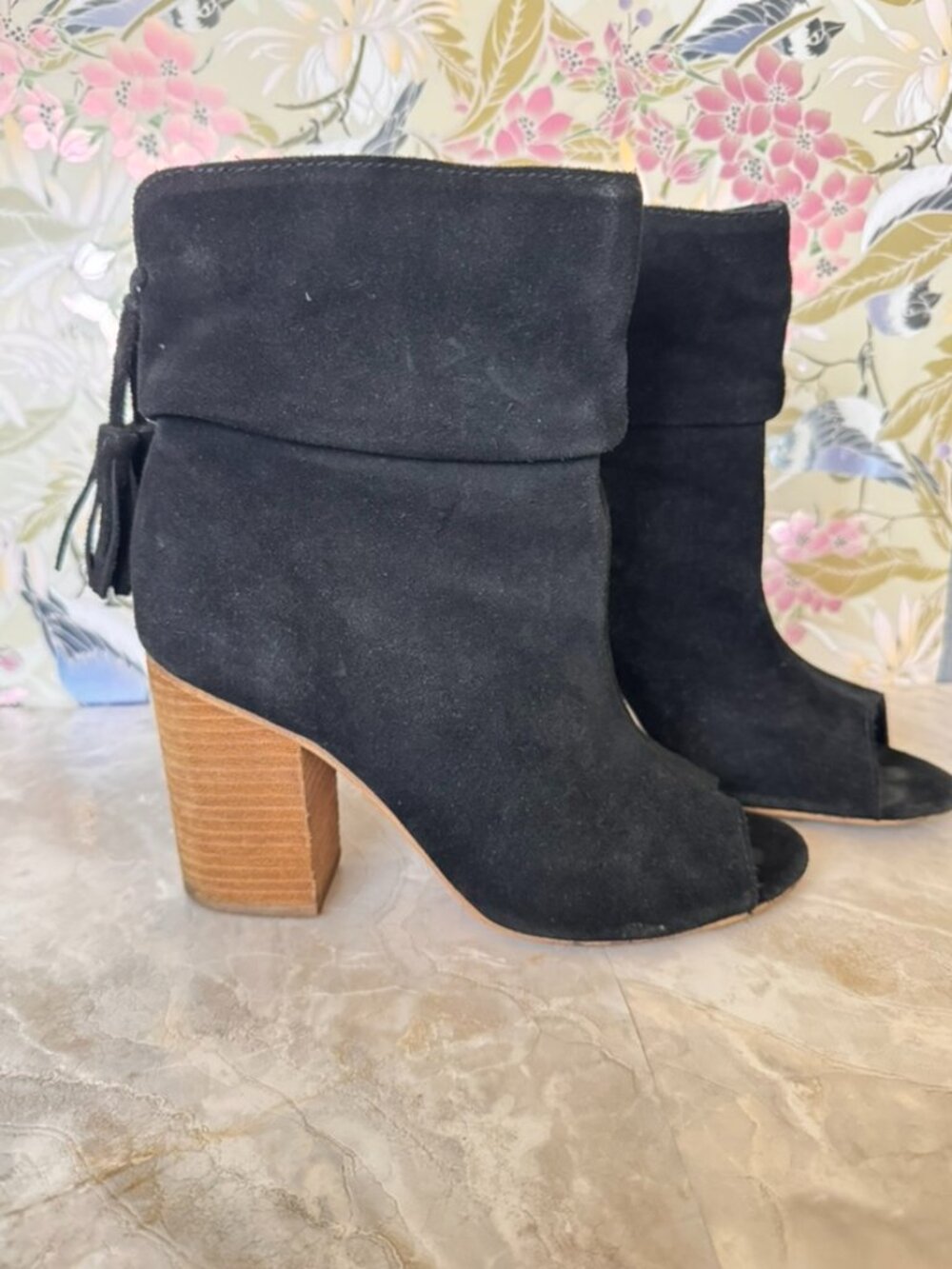Aldo Black Suede Peep Toe Ankle Boots